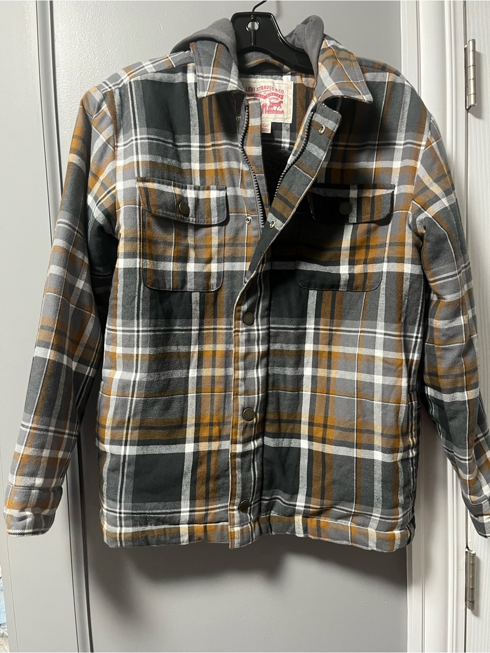 Levi's Kids Plaid Hooded Jacket - Gray & Mustard